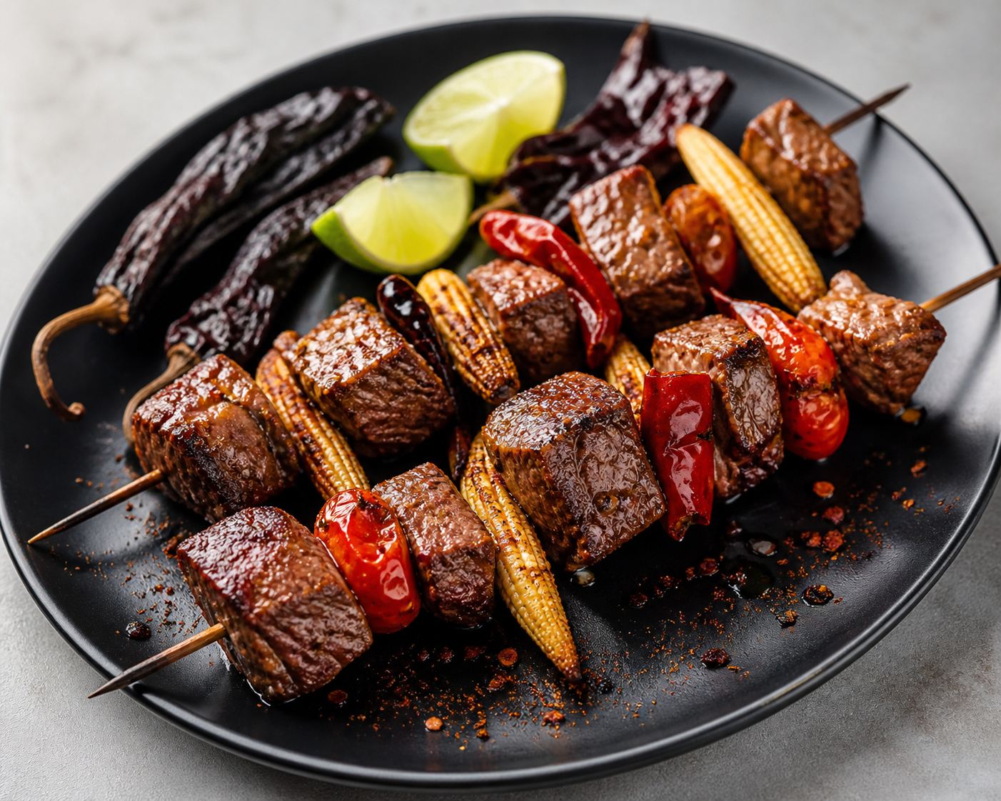 Grilled Beef Skewers with Baby Corn, Cherry Tomatoes, and Pasilla-Chili Cocoa Lime Marinade