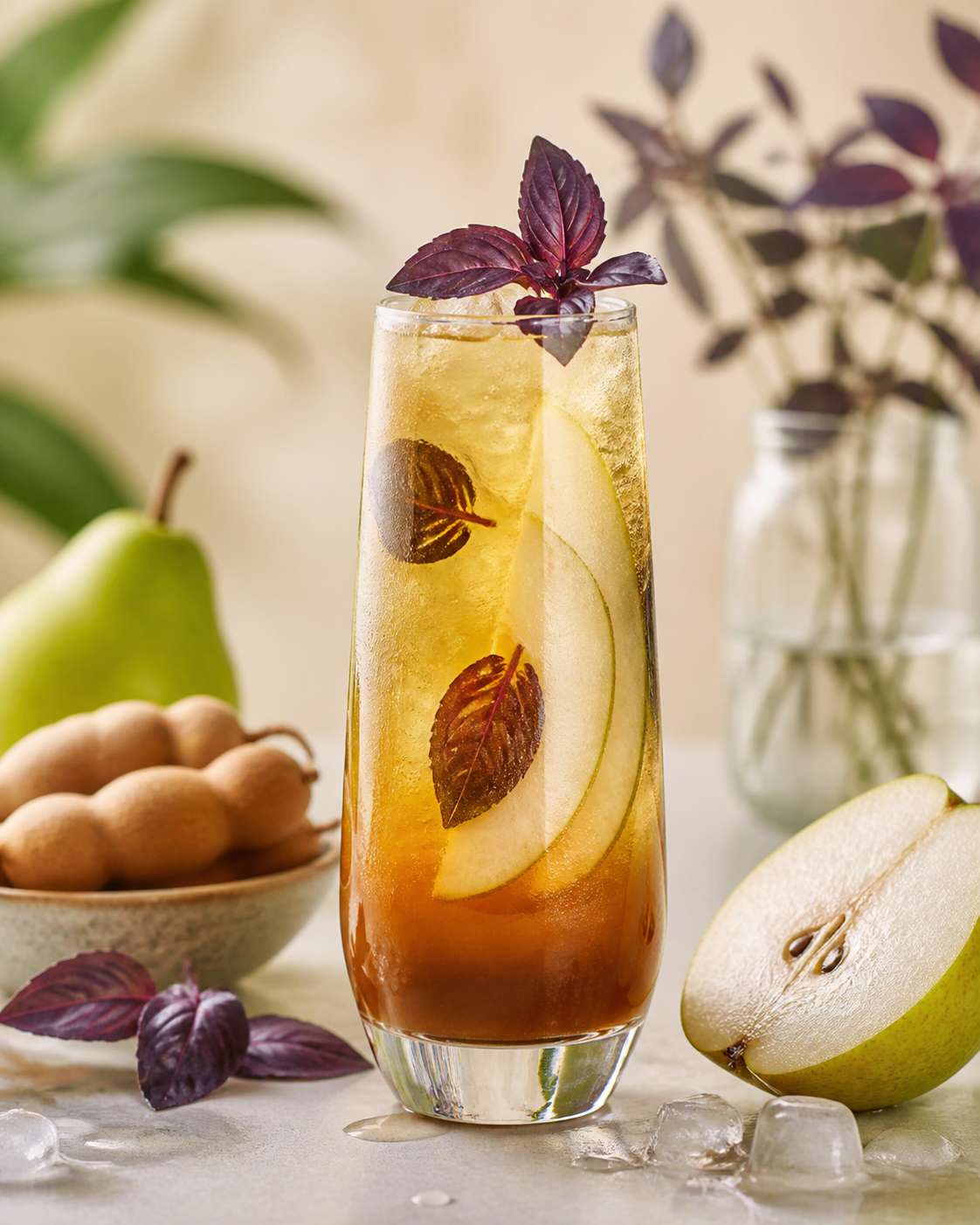 Iced Tamarind Pear Green Tea Fizz with Purple Basil