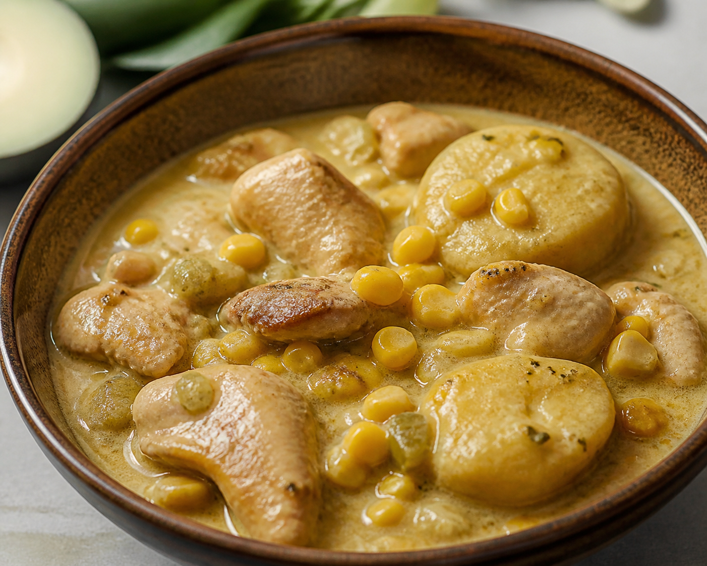 Caribbean Chicken Stew with Sweet Corn, Coconut Milk and Green Plantain Dumplings