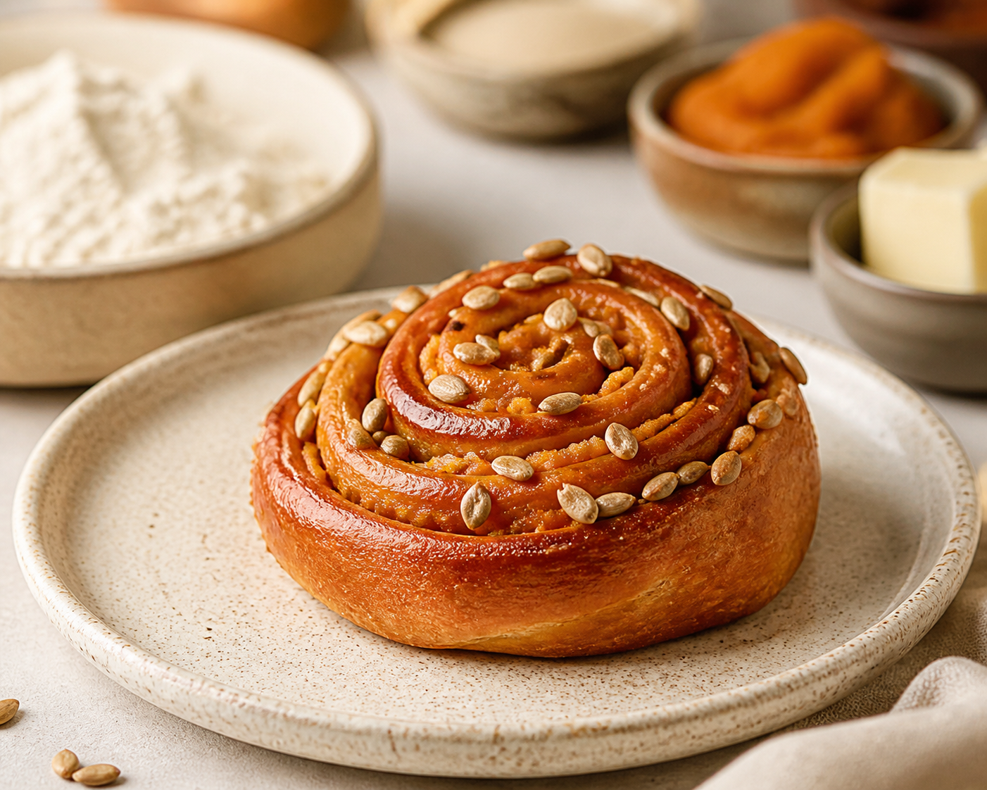 Espirales de Panadería con Mantequilla de Maple, Calabaza Especiada y Semilla de Girasol Crujiente