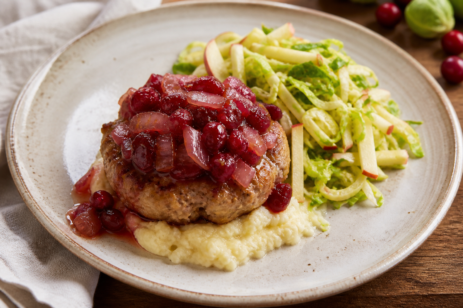 Hamburguesa abierta de pavo con relish tibio de arándanos y cebolla, puré rústico de chirivía y ensalada rápida de coles de Bruselas con manzana