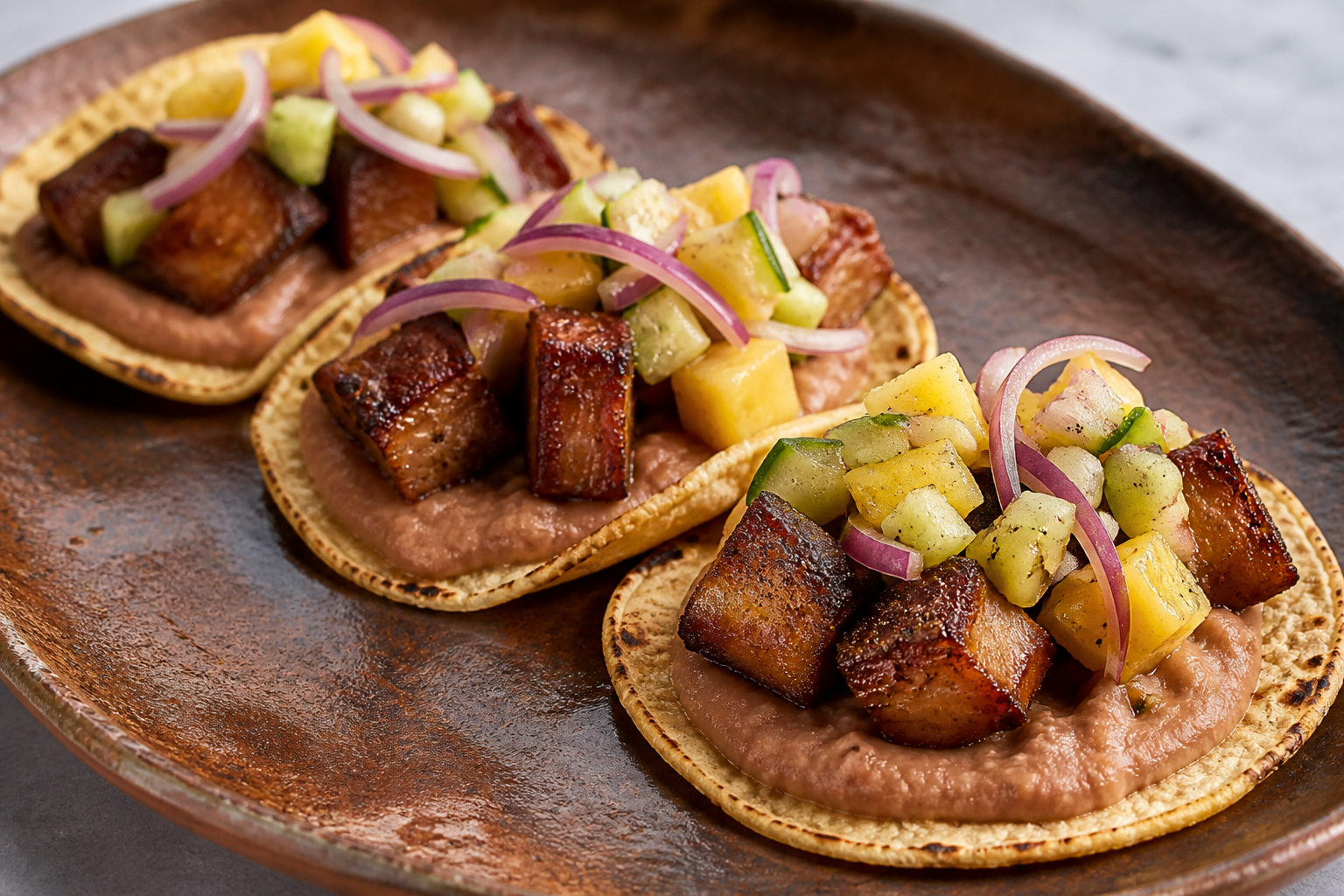 Pasilla Chile Pork Belly Tacos with Peruvian Bean Purée and Pineapple, Cucumber, and Red Onion Slaw