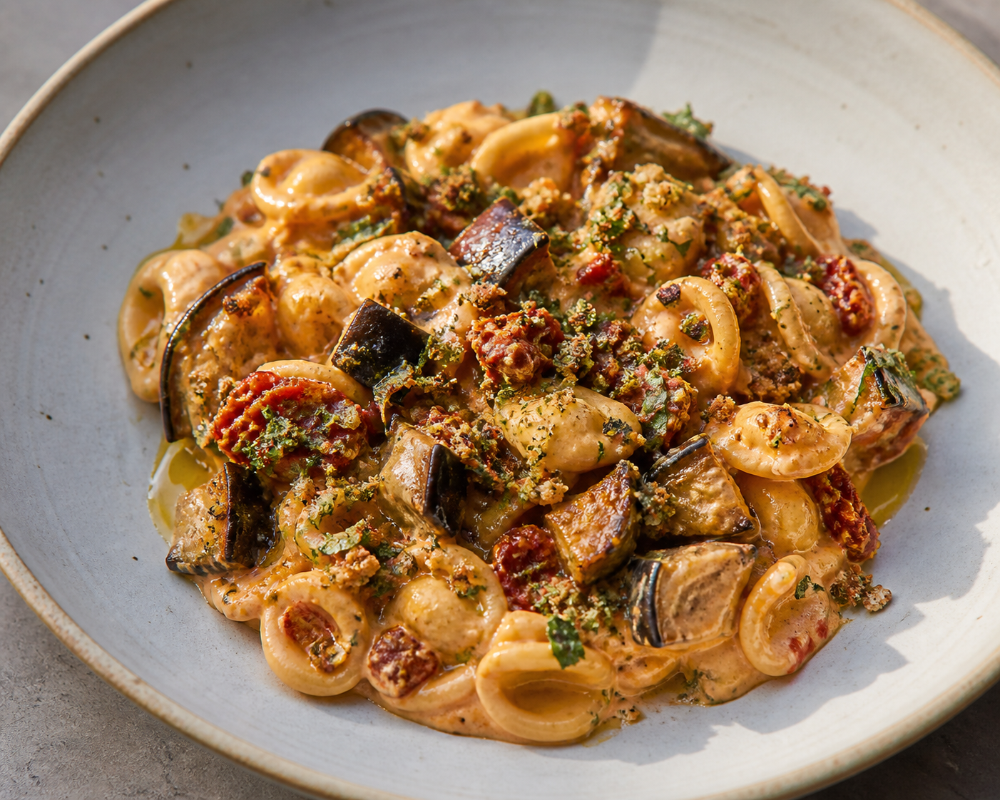 Orecchiette con crema de tomate seco y ricotta, berenjena asada, miel picante y migas crujientes de albahaca