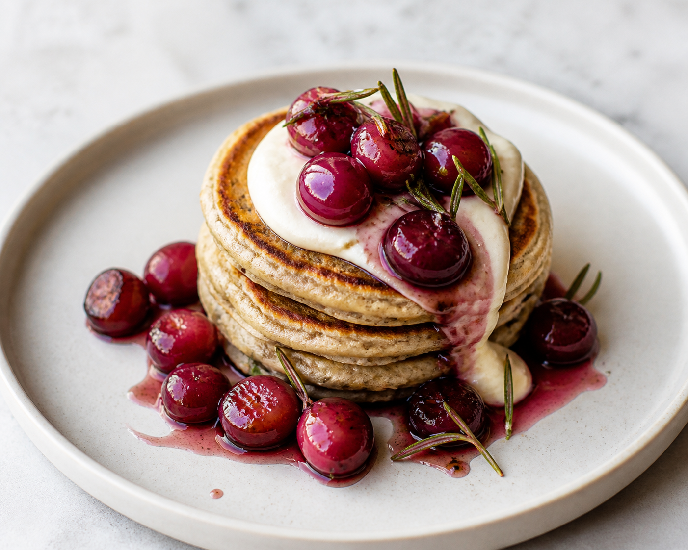 Tortitas de cebada y yogur con uvas salteadas al romero y crema tibia de mascarpone