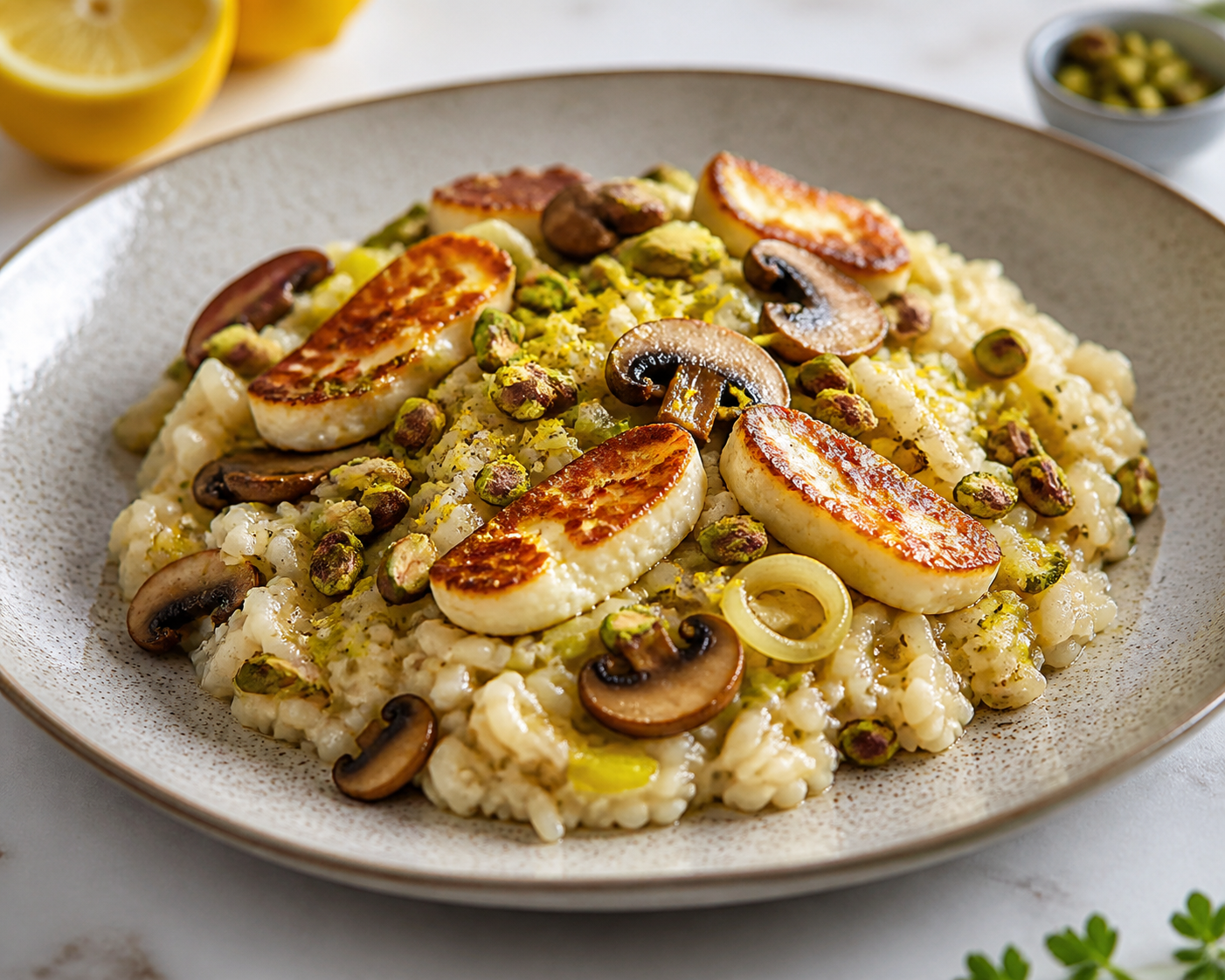 Arroz meloso de setas y limón con halloumi dorado y pistachos