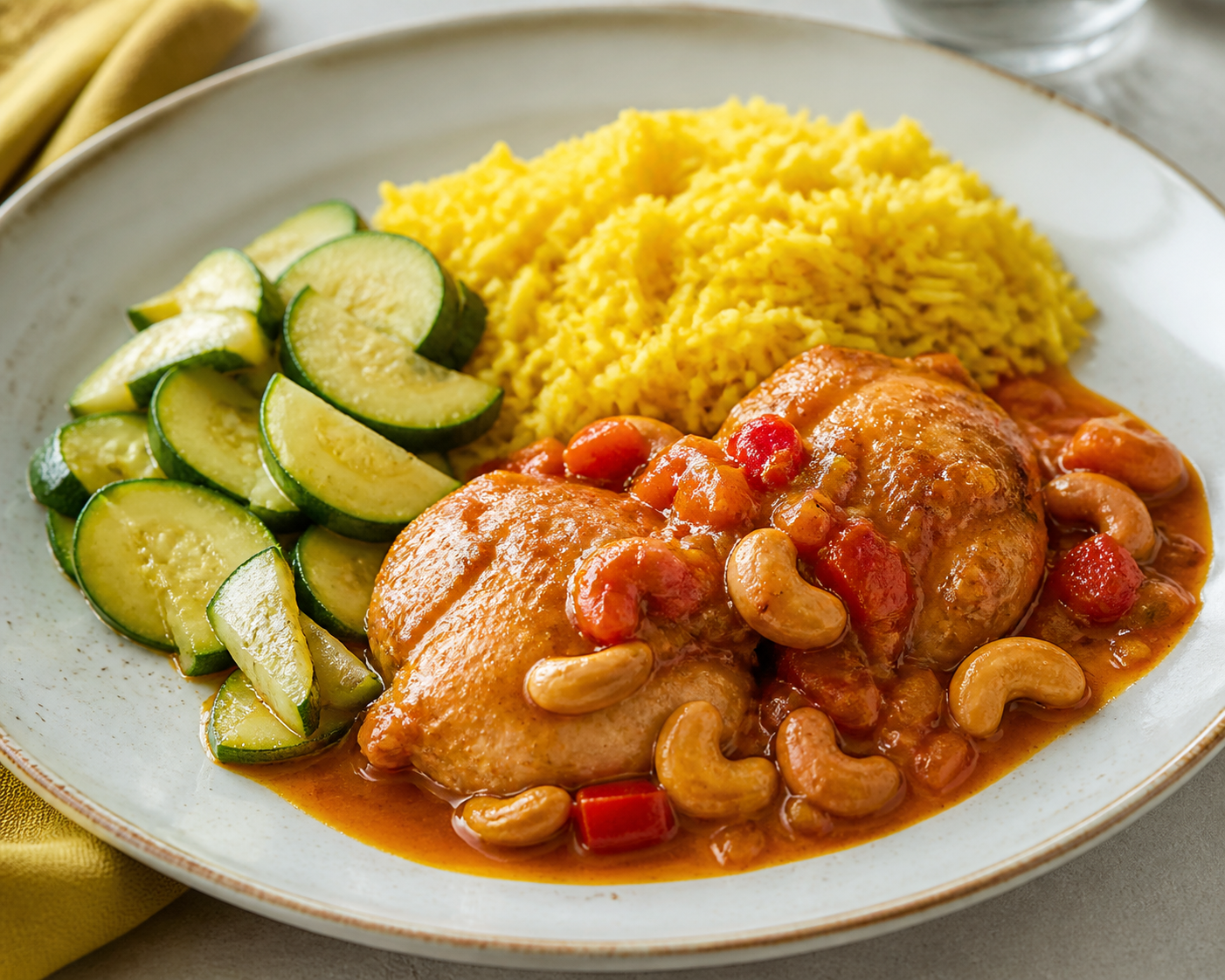 Pollo braseado en salsa de marañón y ají dulce con arroz de cúrcuma y calabacín al limón