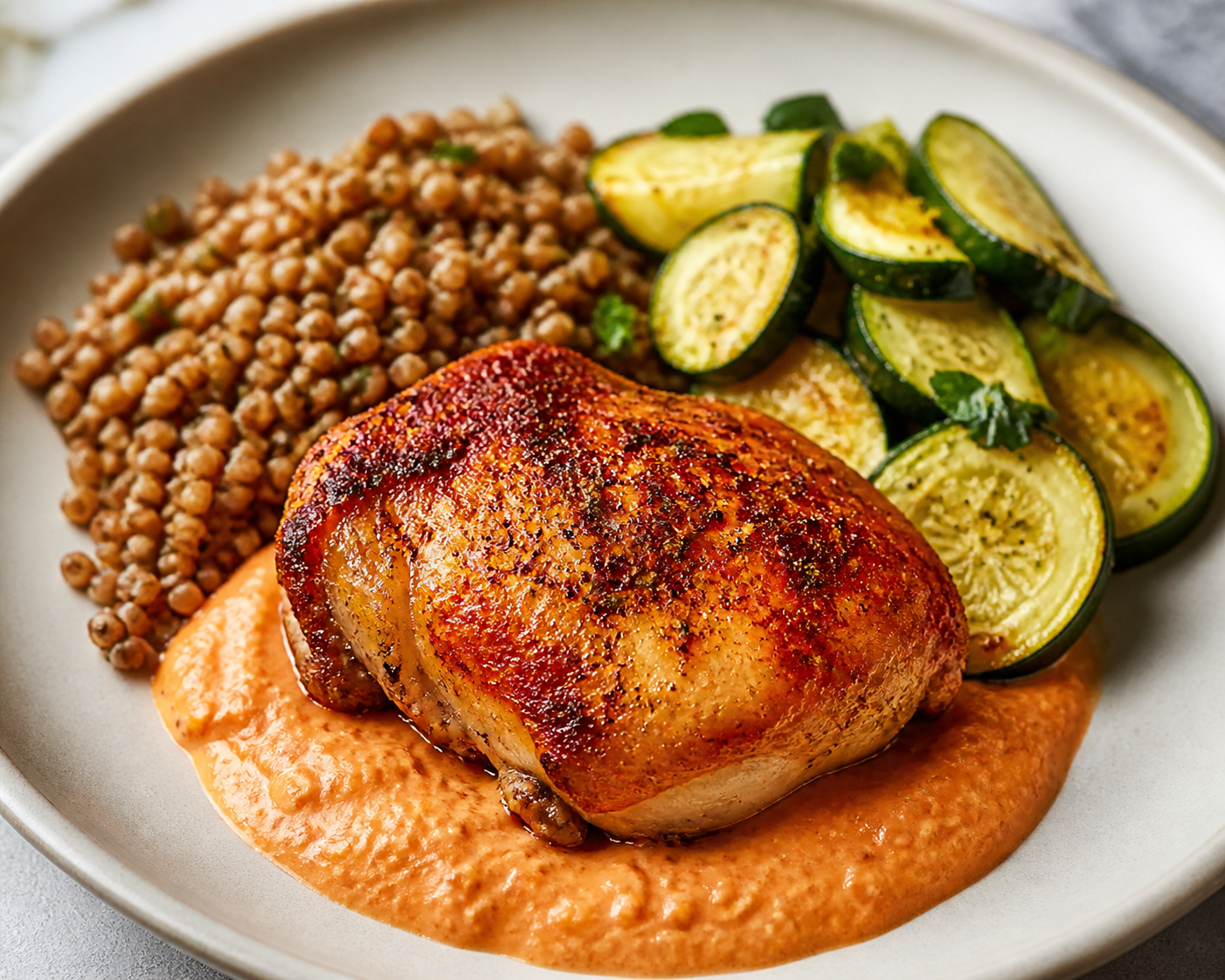 Pollo al horno con salsa de pimiento rojo ahumado y yogur, trigo sarraceno tostado y calabacín al limón