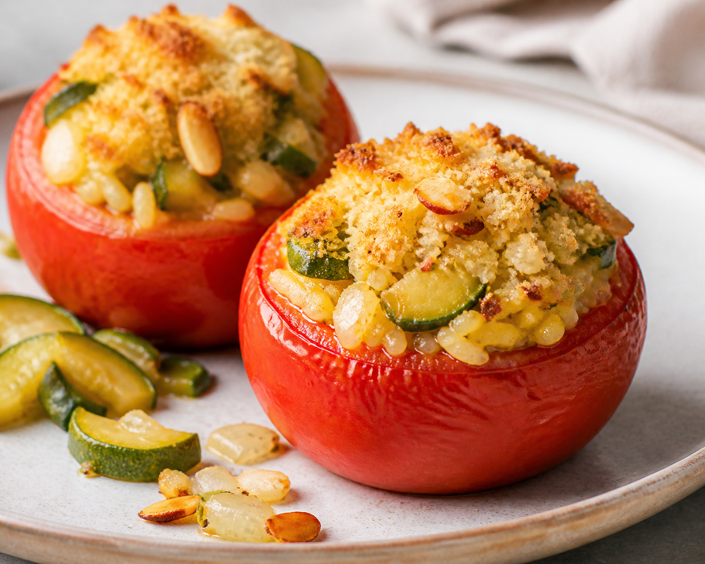 Roasted Tomatoes Stuffed with Saffron Creamy Rice, Sautéed Zucchini and Manchego-Almond Crust
