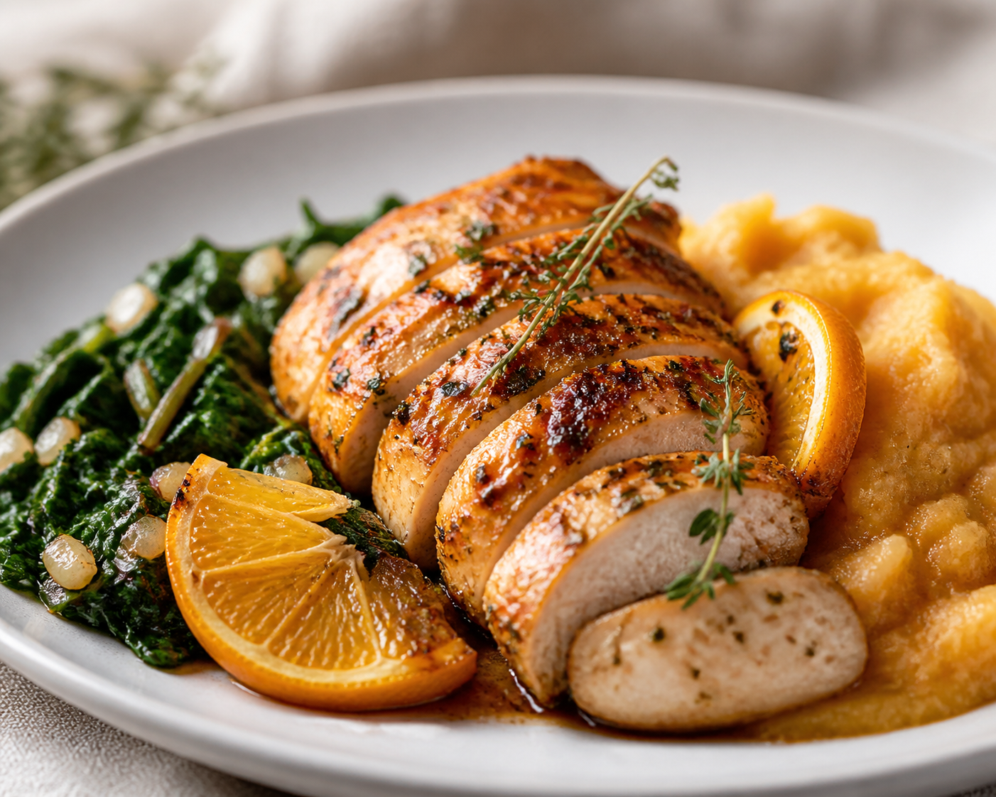 Thyme and Bitter Orange Chicken with Roasted Rutabaga Mash and Garlic Swiss Chard