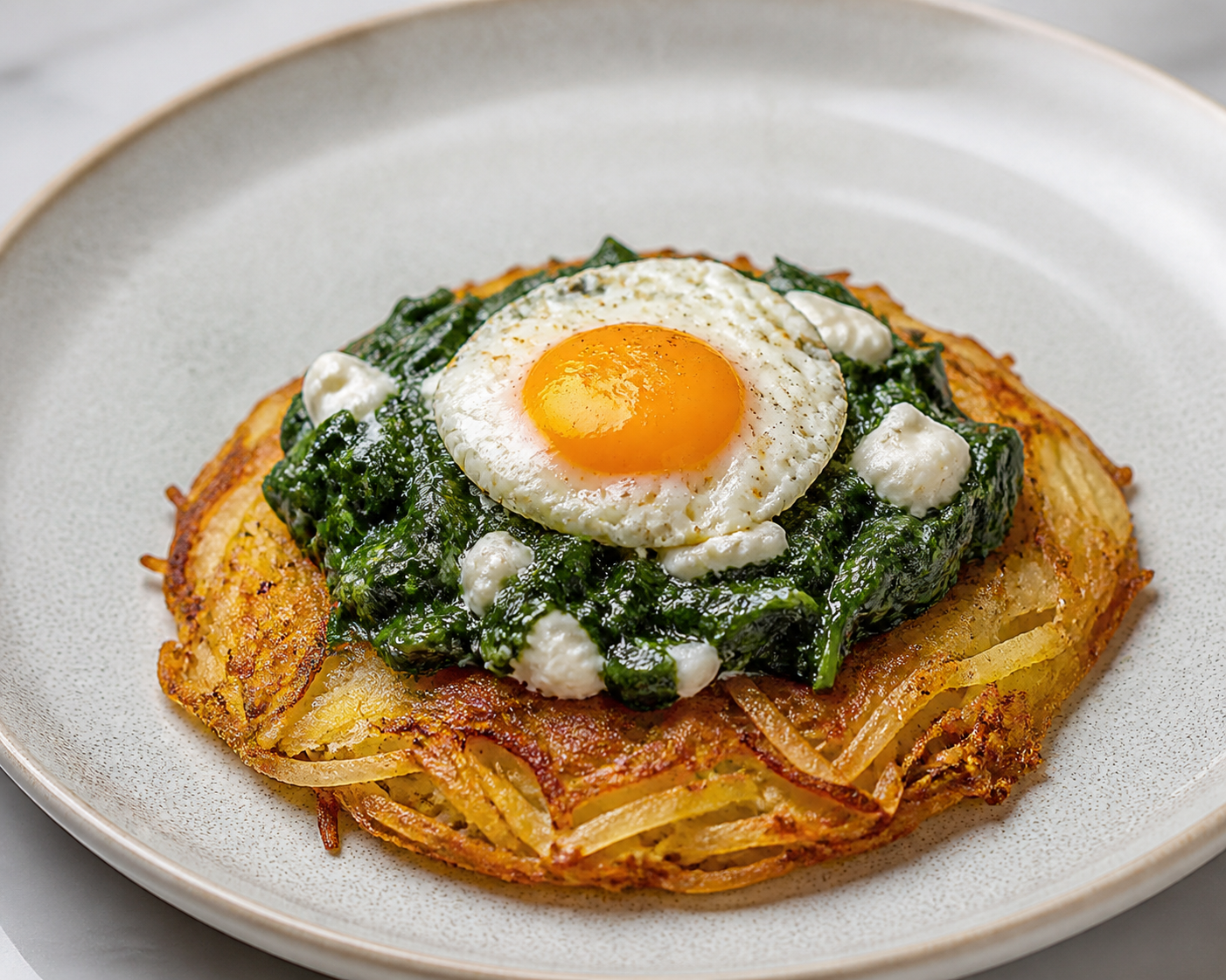 Parsnip and Potato Rösti with Creamy Goat Cheese Spinach and Baked Egg