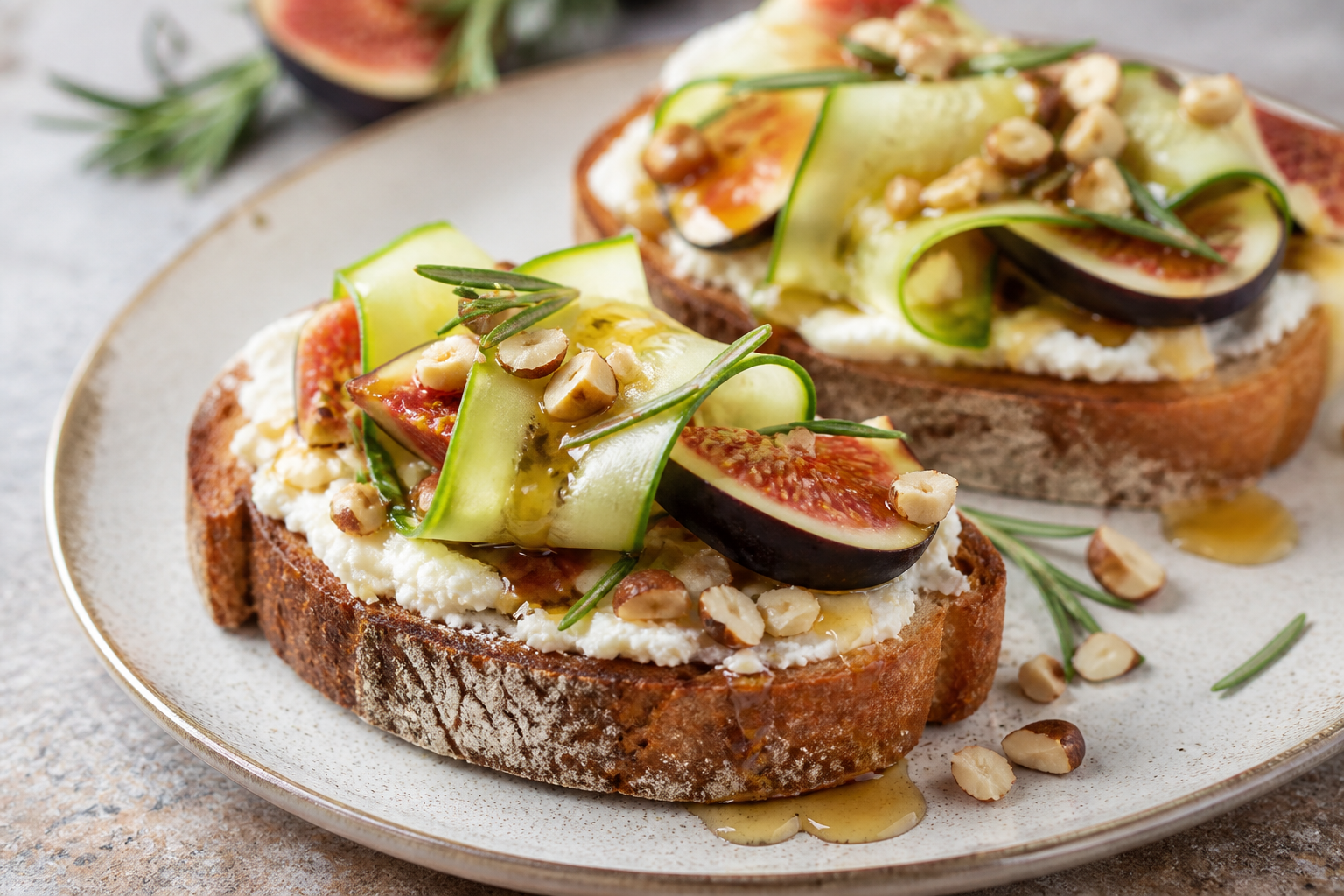 Tostadas exprés de queso crema con higos frescos, pepino, miel de romero y avellanas