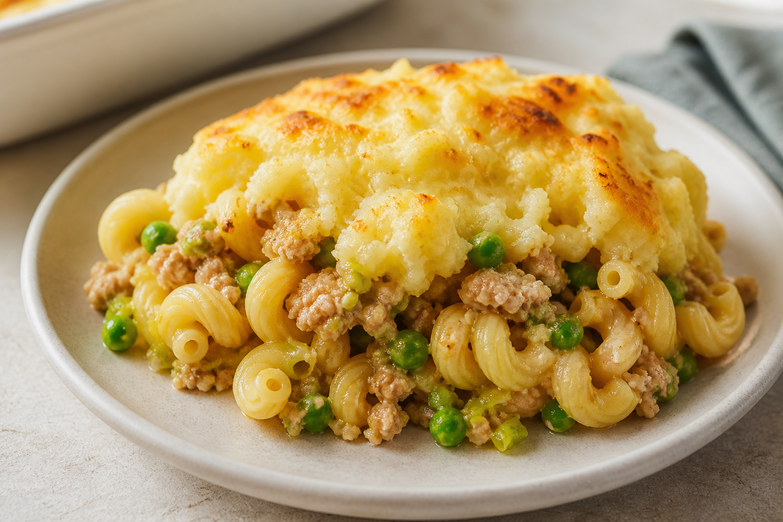 Family Cavatappi Bake with Turkey, Leeks, Peas, and Gouda Mashed Potato Topping