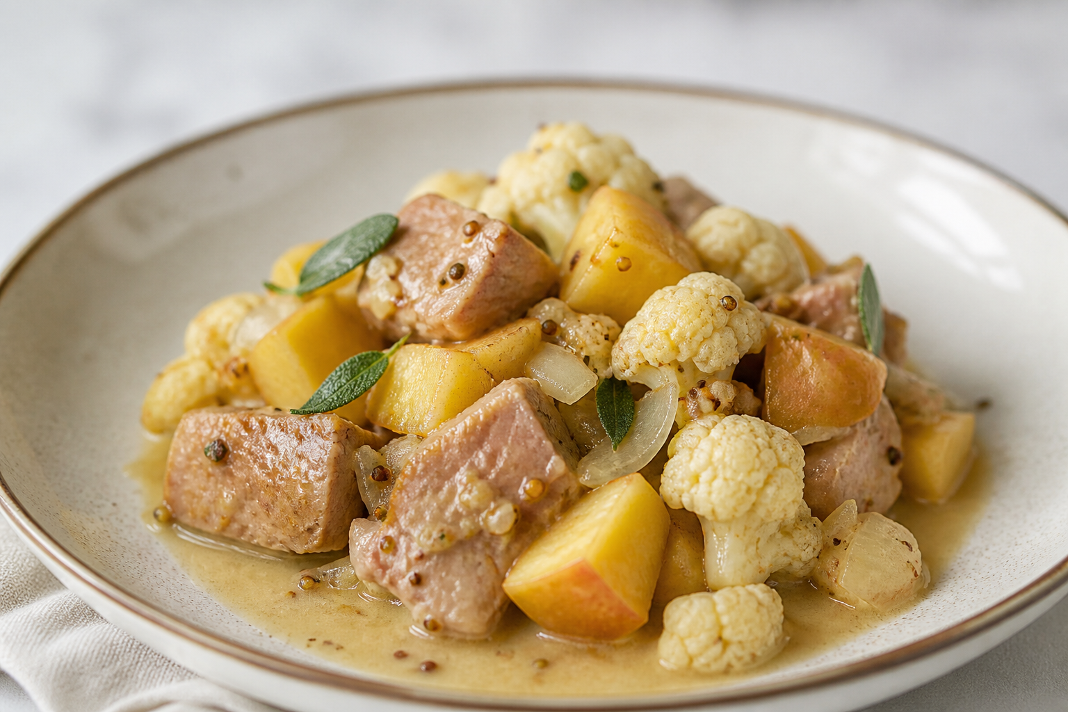 Cerdo en slow cooker con coliflor, manzana y salsa suave de salvia, mostaza y vino blanco
