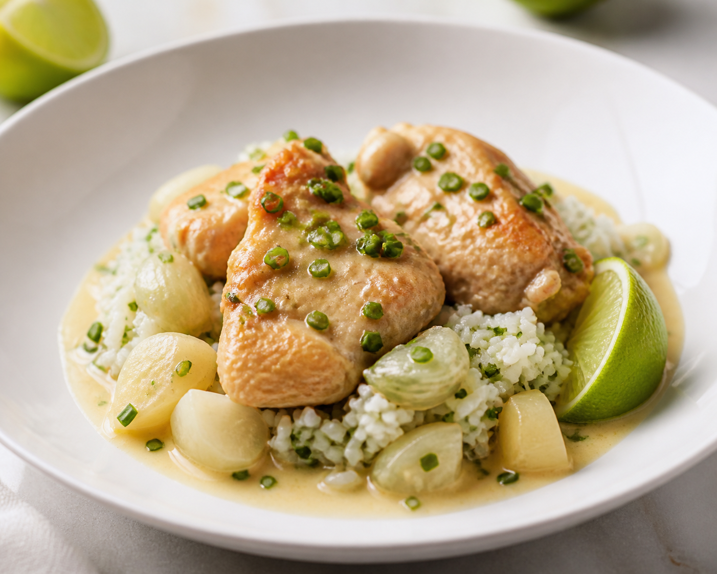 Instant Pot de pollo con nabo, arroz de cebollino y salsa ligera de miso blanco y lima