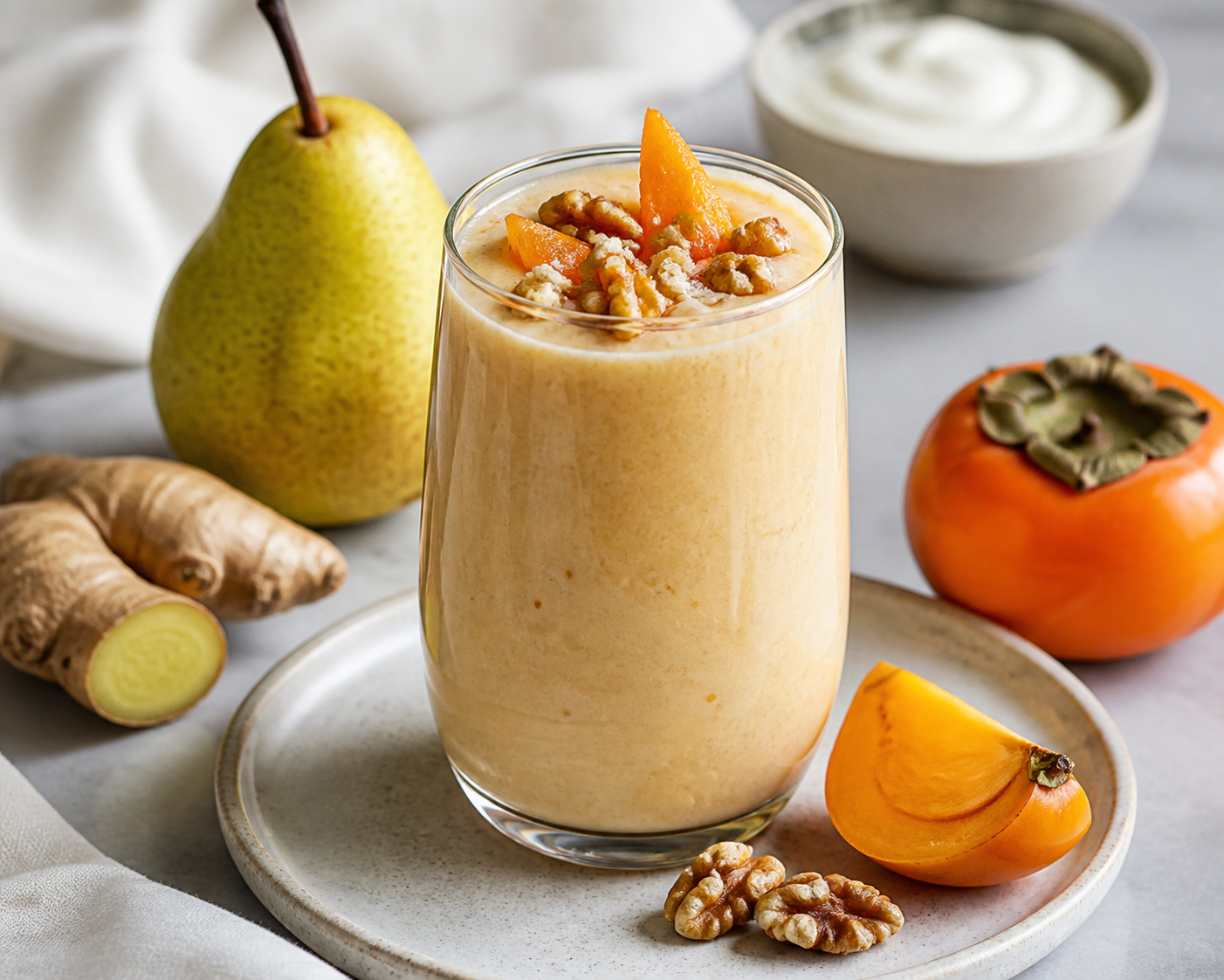 Batido Bruma de Caqui, Pera y Yogur con Jengibre y Nuez