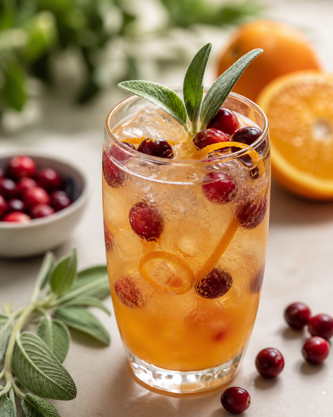 Soda helada de arándano rojo, naranja y té blanco con salvia fresca