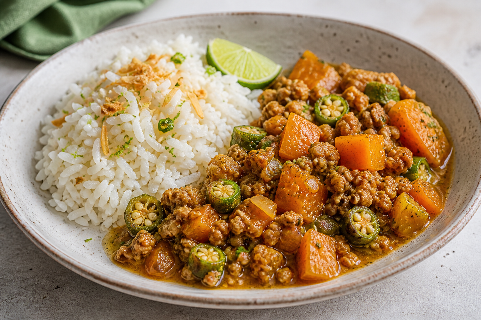 Caribbean Turkey and Pumpkin Stew with Toasted Coconut, Okra, and Lime Rice