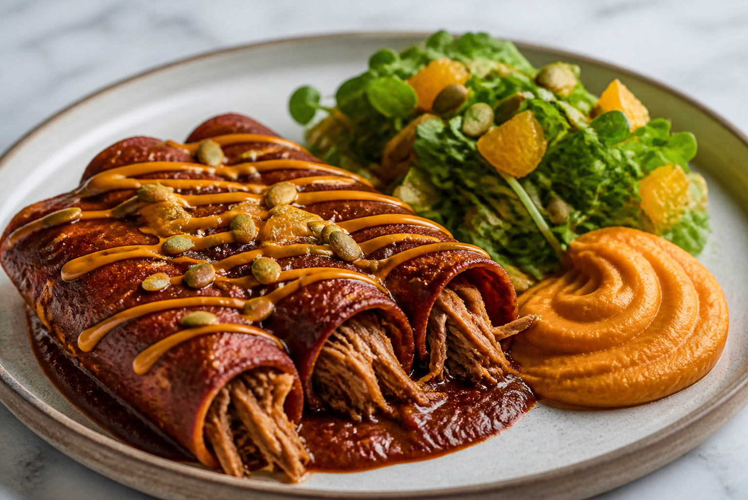 Enchiladas de pato al chile guajillo y cacao con crema de camote asado y ensalada de berros, naranja y pepita