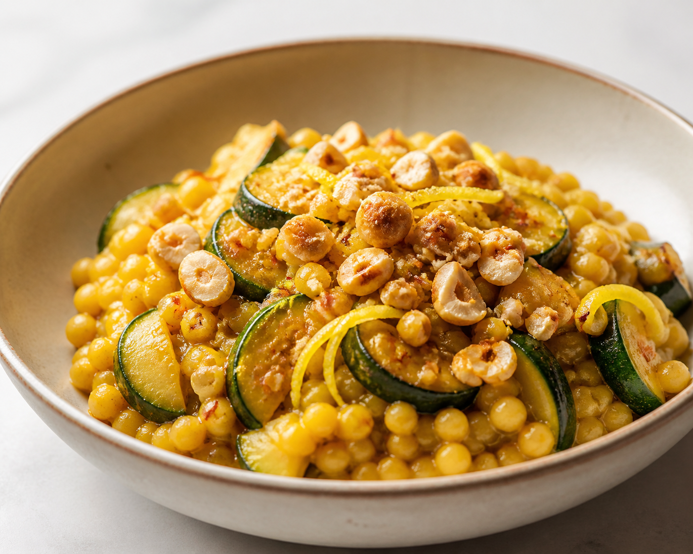 Fregola cremosa al azafrán con calabacín braseado, limón y avellanas tostadas
