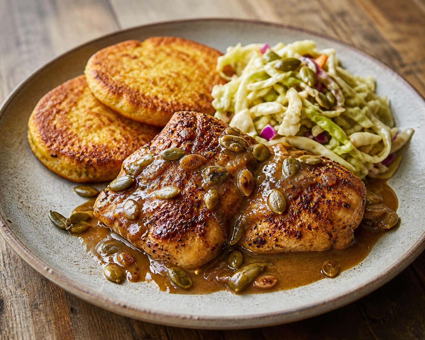 Sartén campestre de pollo con gravy de sidra y salvia, tortitas doradas de maíz y ensalada tibia de repollo con pepitas