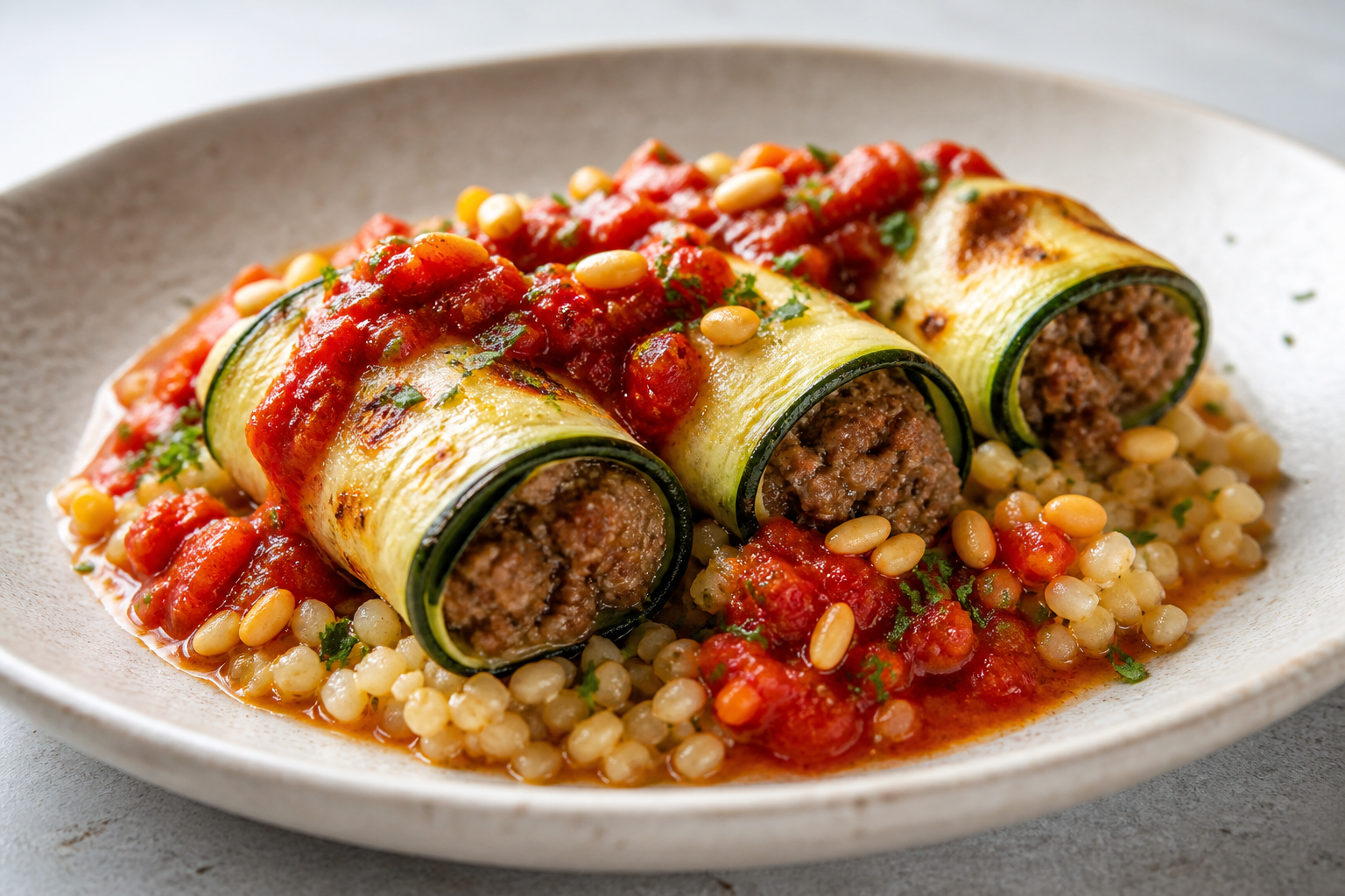 Rollos mediterráneos de calabacín con cordero especiado, cebada perlada al limón y salsa templada de tomate y piñones
