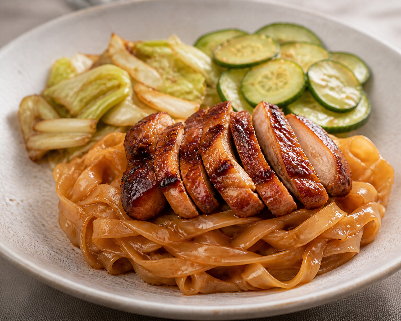 Fideos de arroz con pollo caramelizado al miso de cebolla, col napa salteada y pepino con vinagre de sésamo
