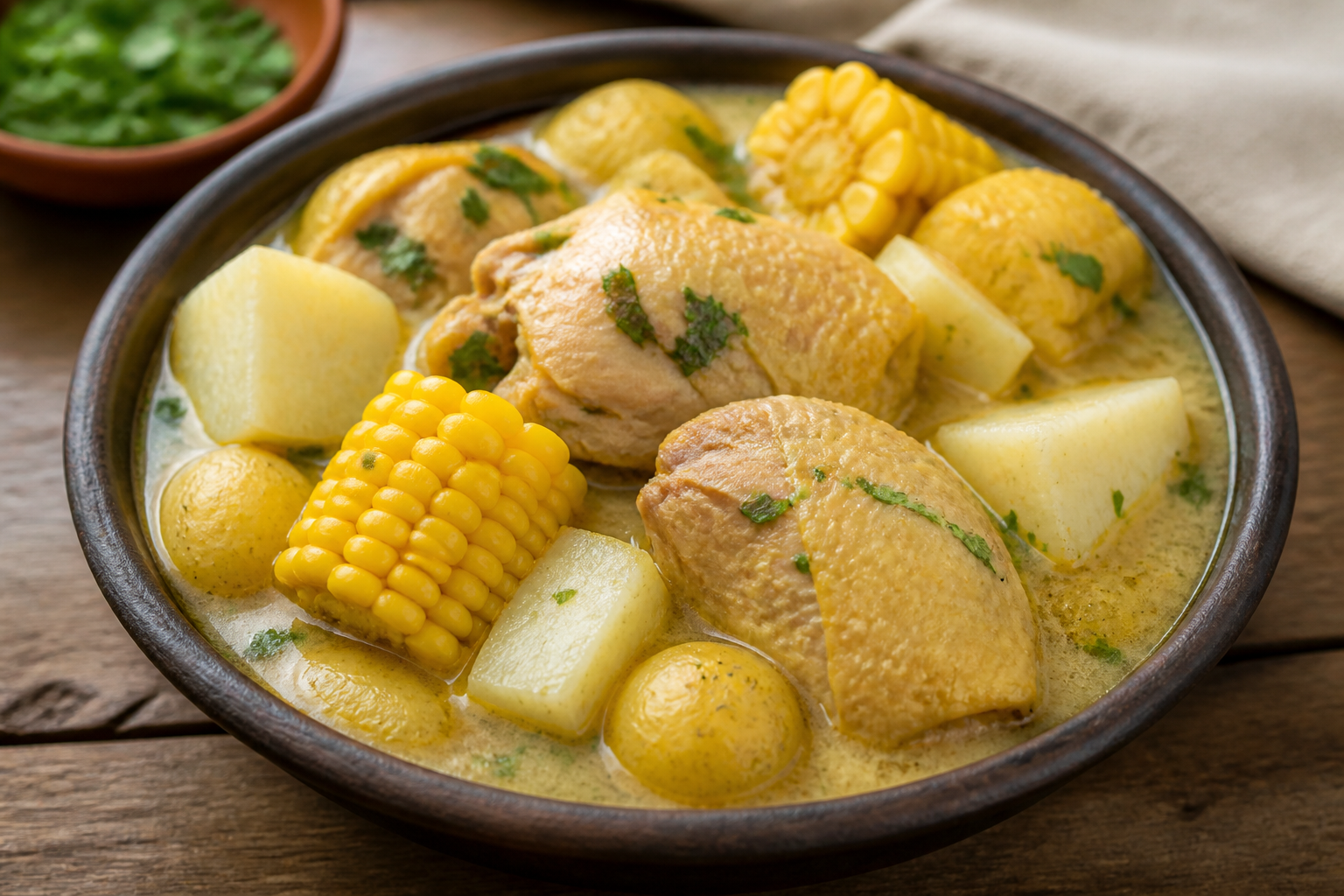 Sudado Colombiano de Pollo con Coco, Yuca y Maíz Tierno