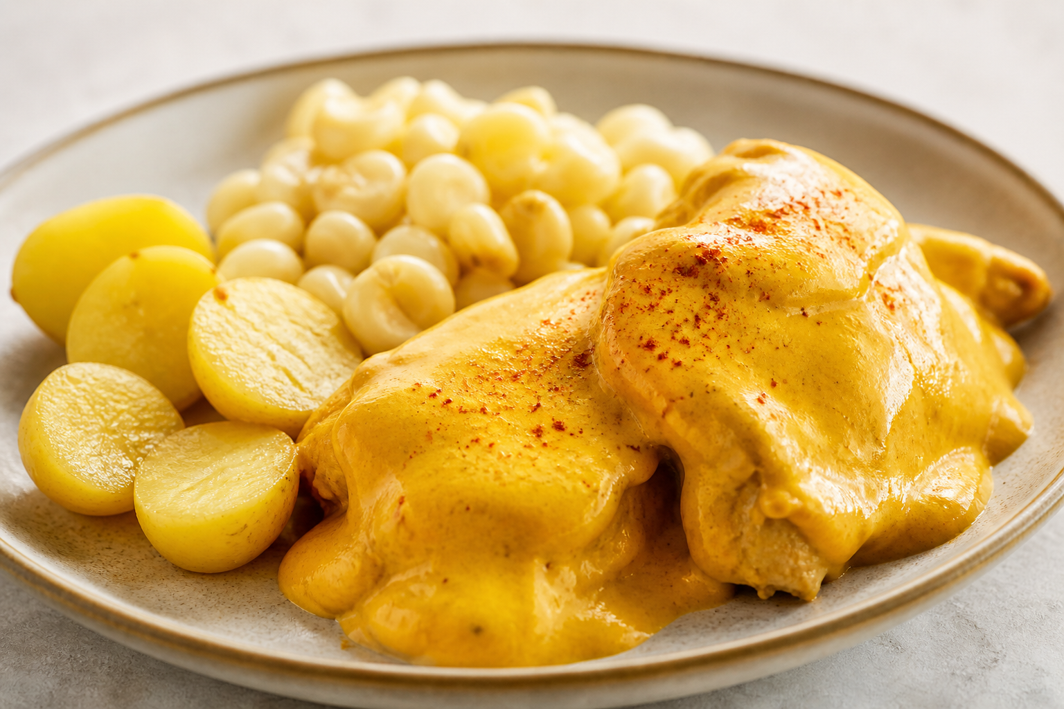 Pollo a la Huancaína Ahumada con Papas Doradas y Choclo