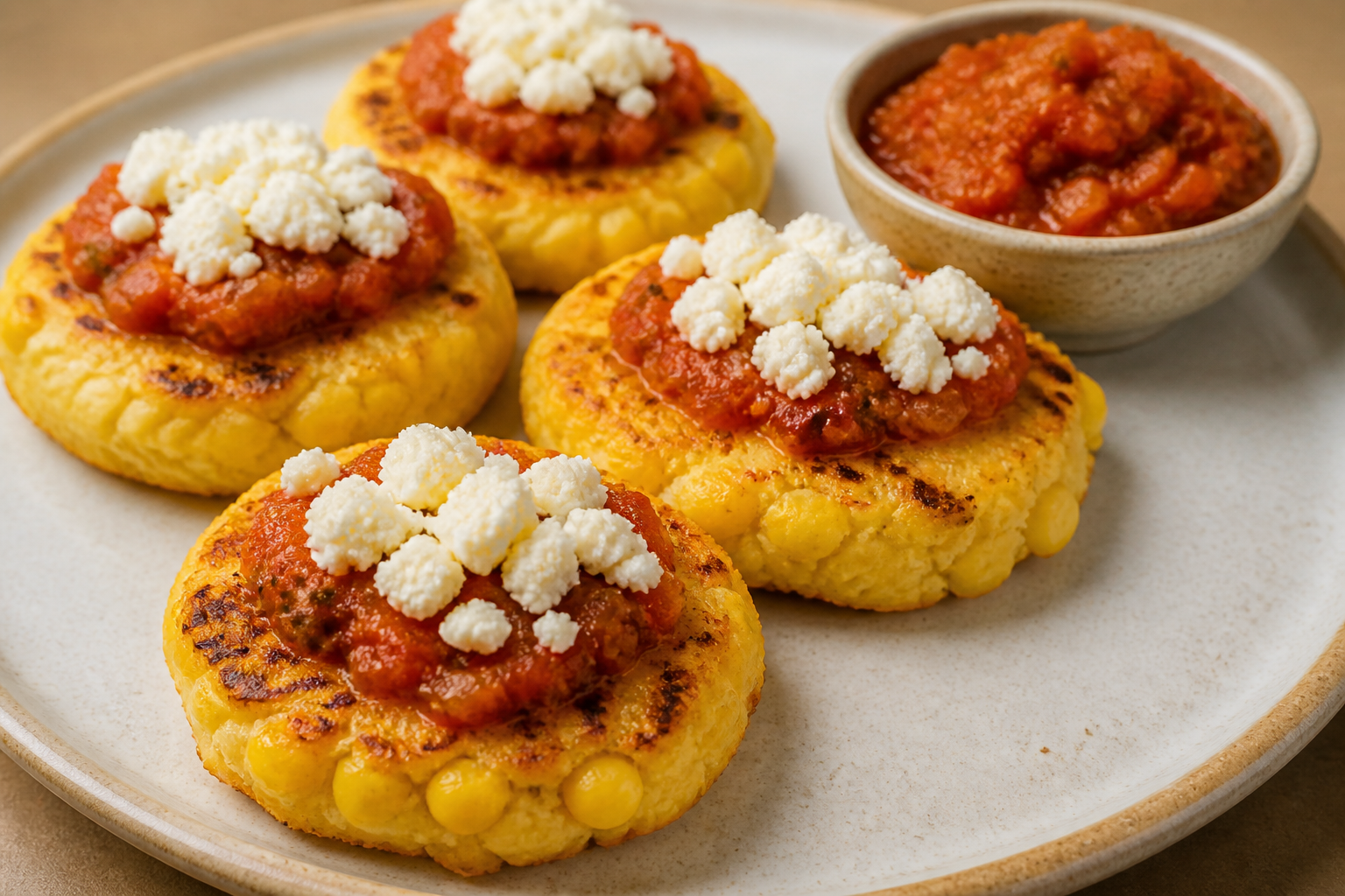 Sweet Corn Arepitas with Smoky Hogao and Fresh Cheese