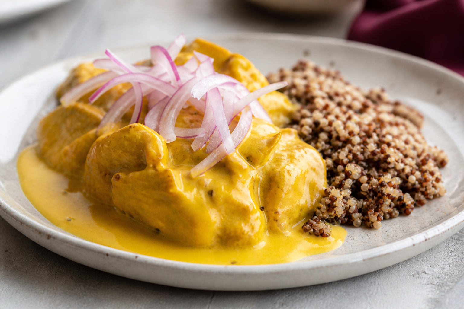 Pollo Peruano en Salsa de Ají Amarillo y Quinua Crujiente