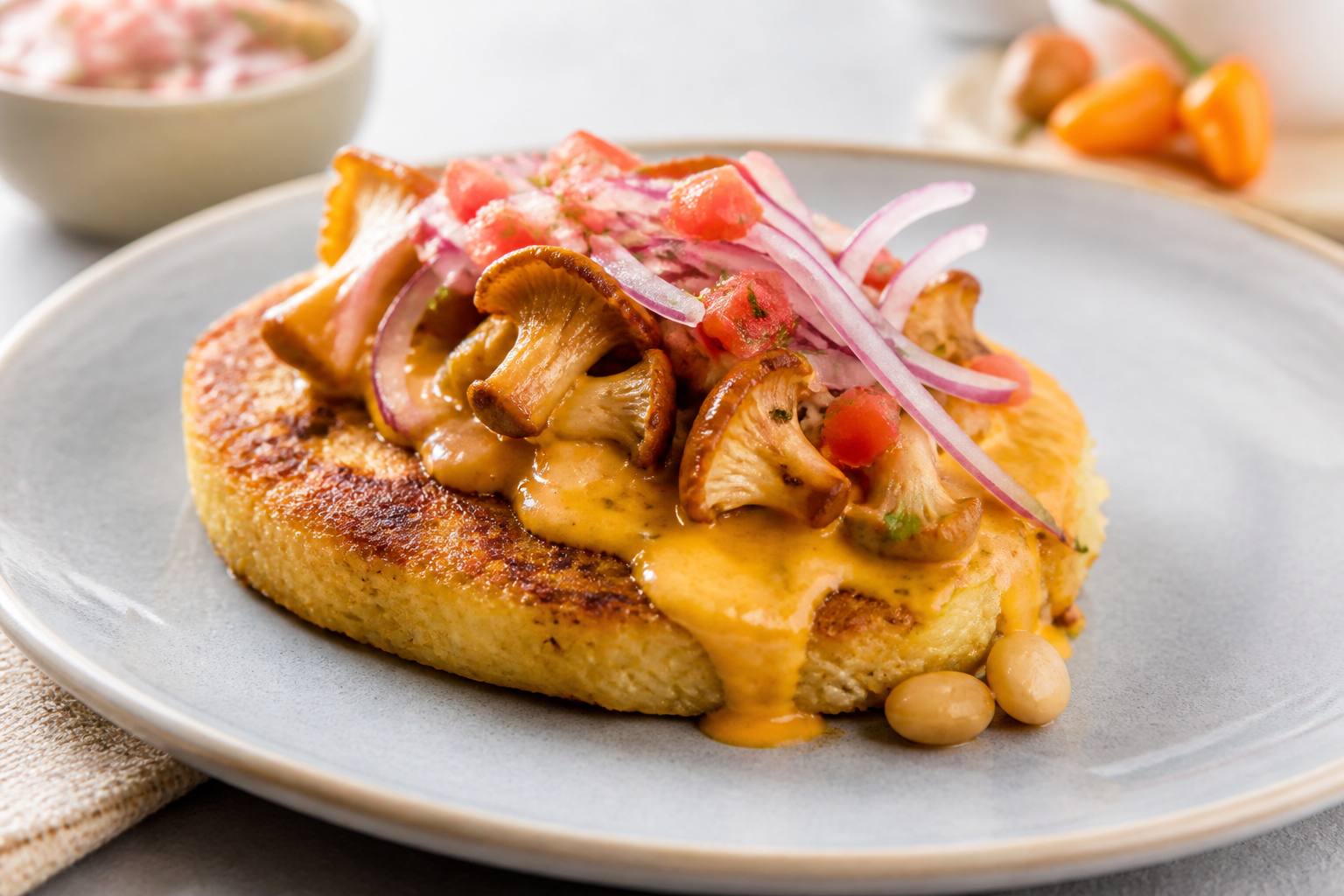Tacu Tacu Cremoso con Ají Amarillo, Champiñones Dorados y Salsa Criolla Tibia