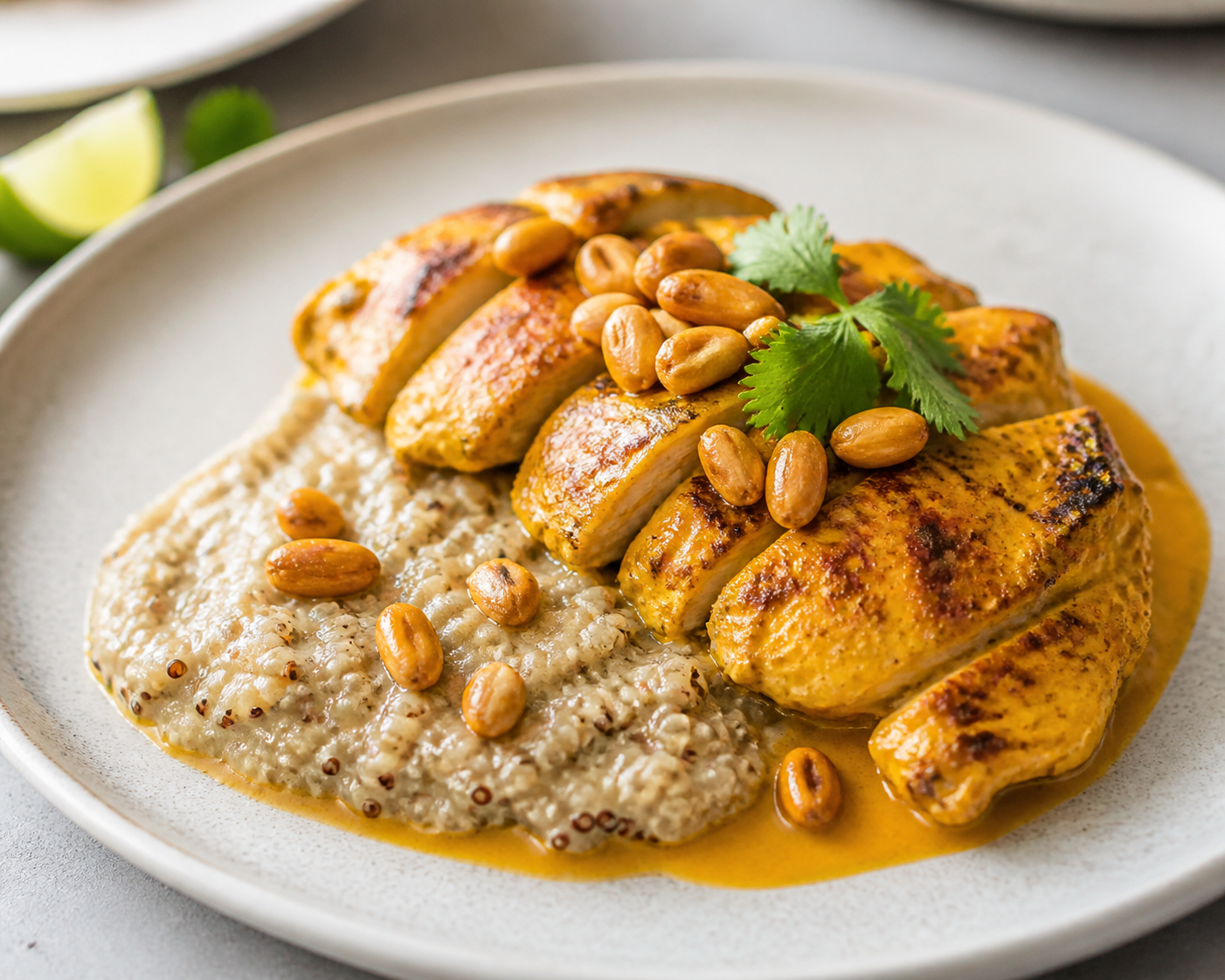 Pollo Peruano al Ají Amarillo con Quinua Cremosa y Choclo Tostado