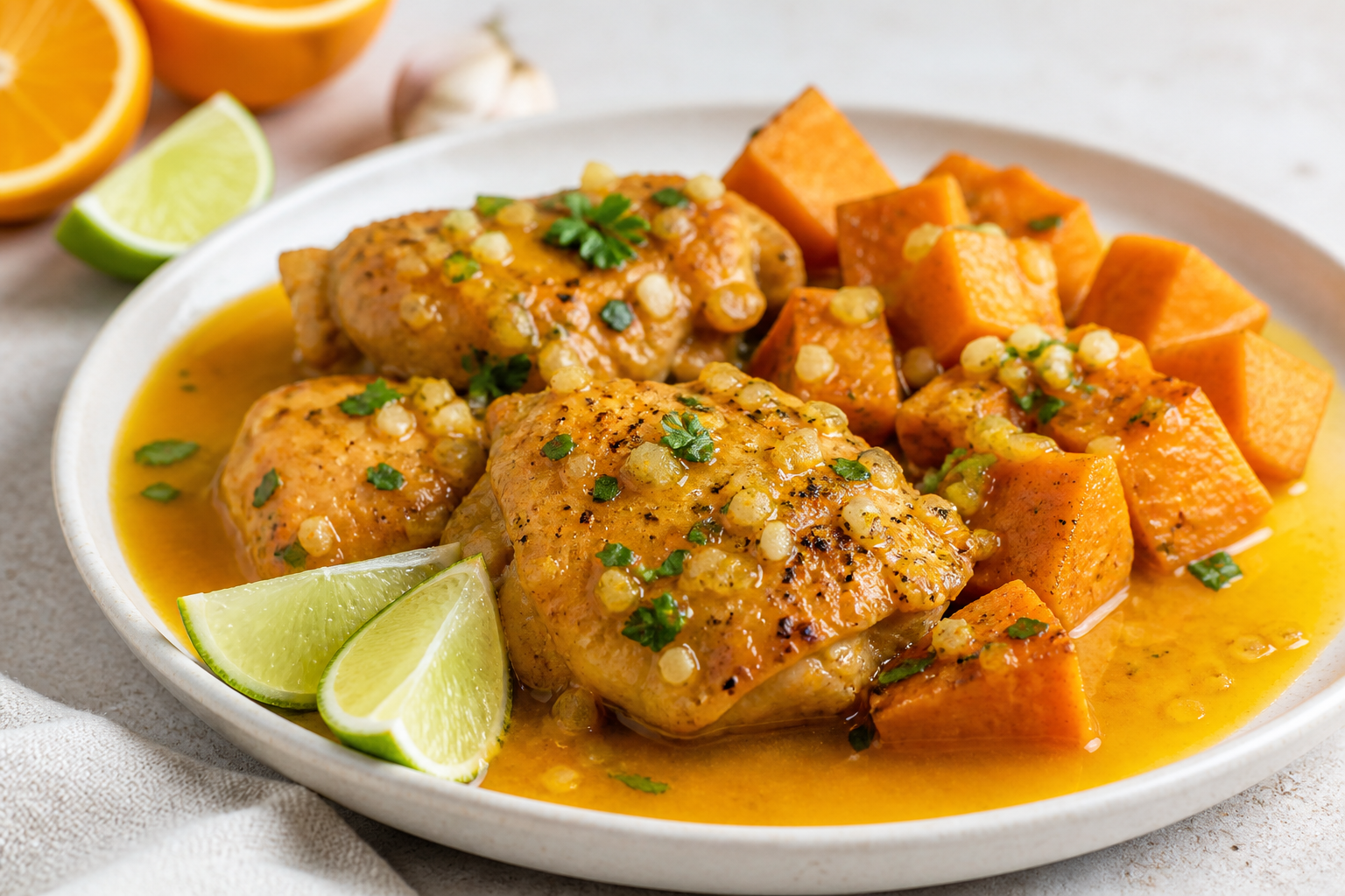 Pollo Criollo al Mojo de Naranja con Boniato Dorado