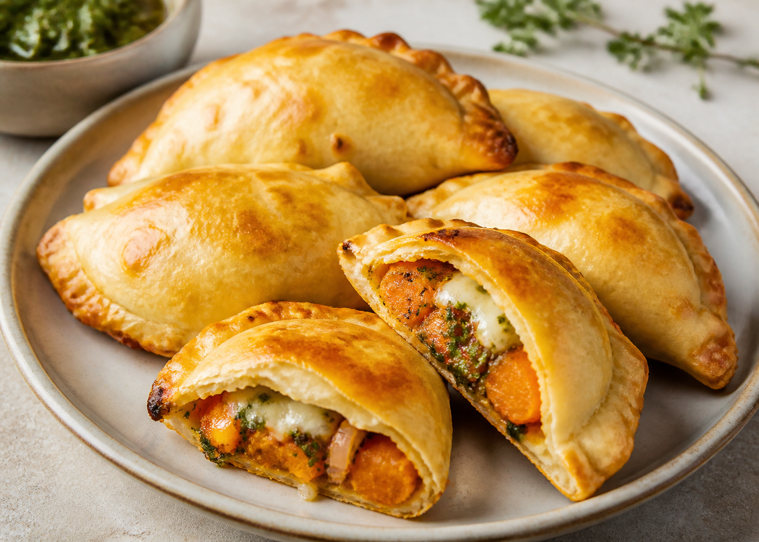 Argentine Roasted Pumpkin, Cheese and Mild Chimichurri Hand Pies