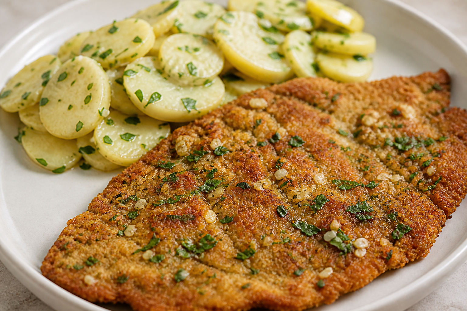 Argentine Provençal Milanesas with Warm Potato Lemon Salad