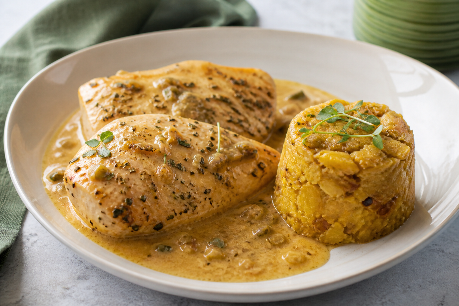 Puerto Rican Chicken Breasts in Coconut-Sofrito Sauce with Mini Plantain Mofongo