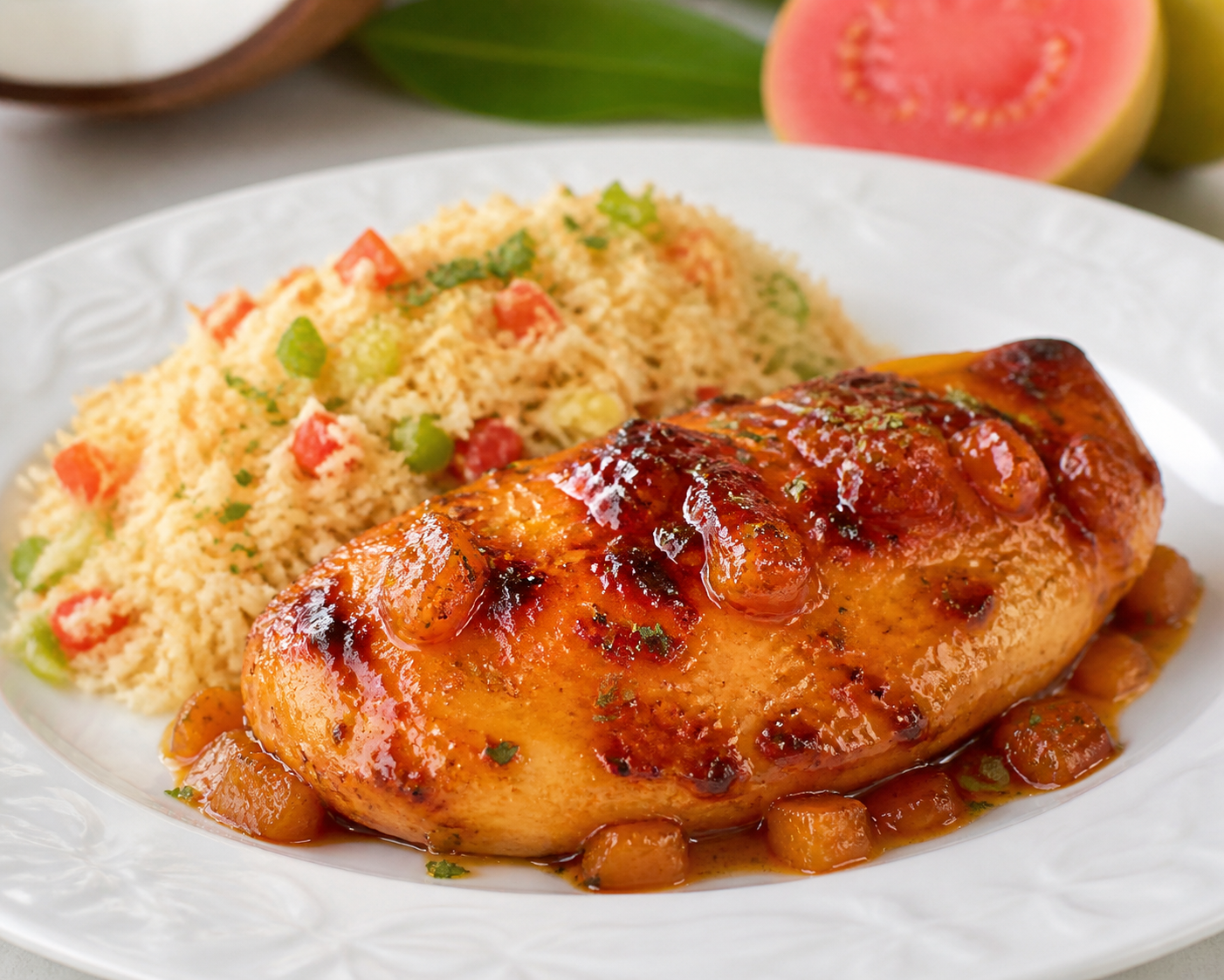 Puerto Rican Chicken Breasts with Guava Glaze and Coconut Sofrito