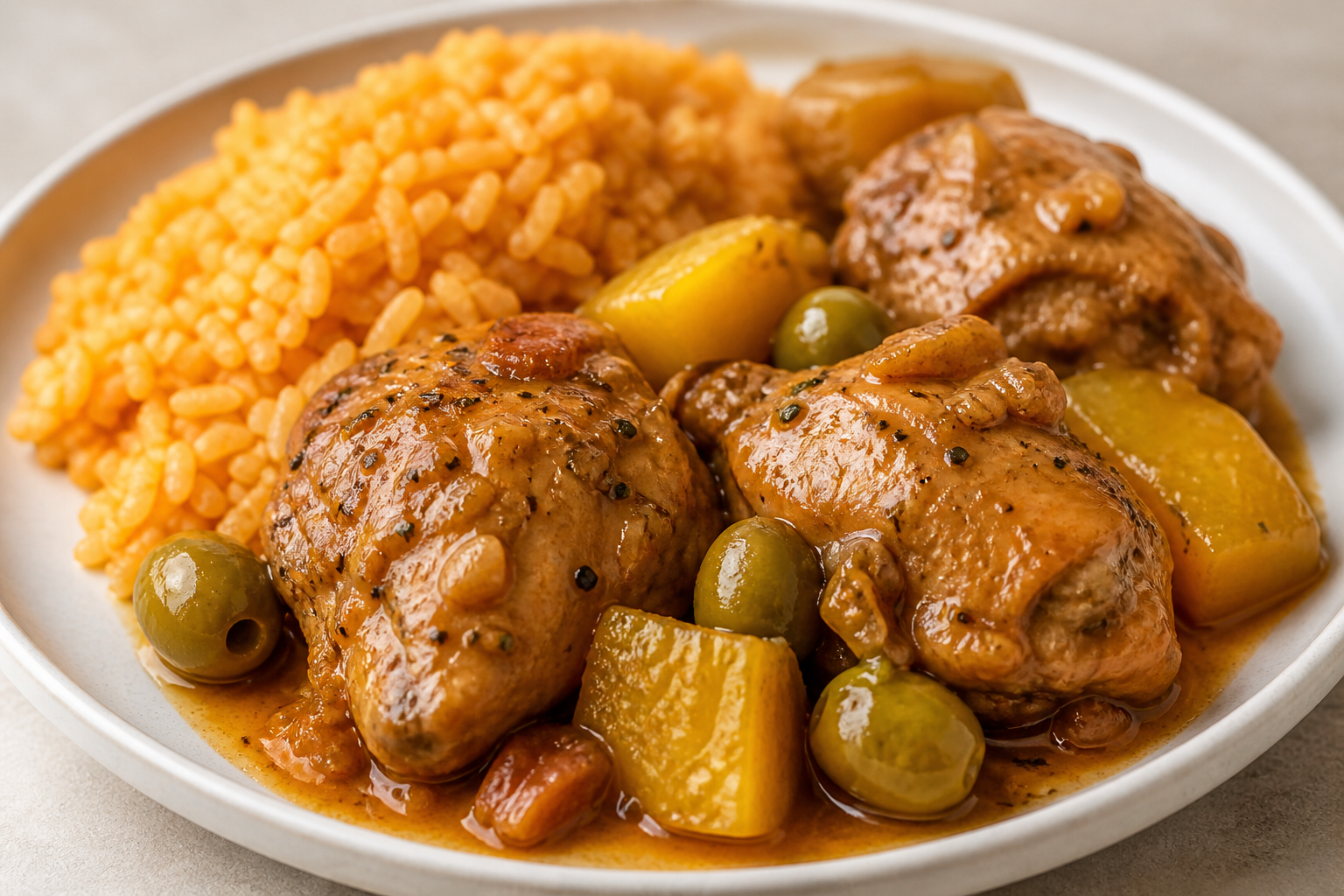 Pollo Guisado Boricua con Calabaza, Aceitunas y Arroz Pilaf de Achiote