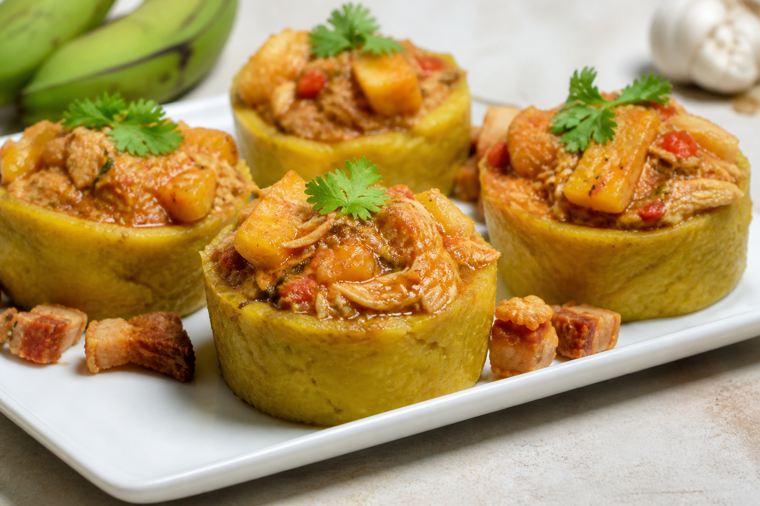 Mini Mofongo Cups Filled with Pineapple Sofrito Chicken Stew