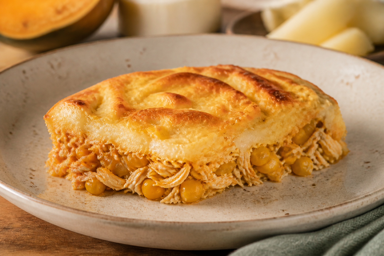 Escondidinho Brasileño de Calabaza con Pollo, Maíz y Queso Minas