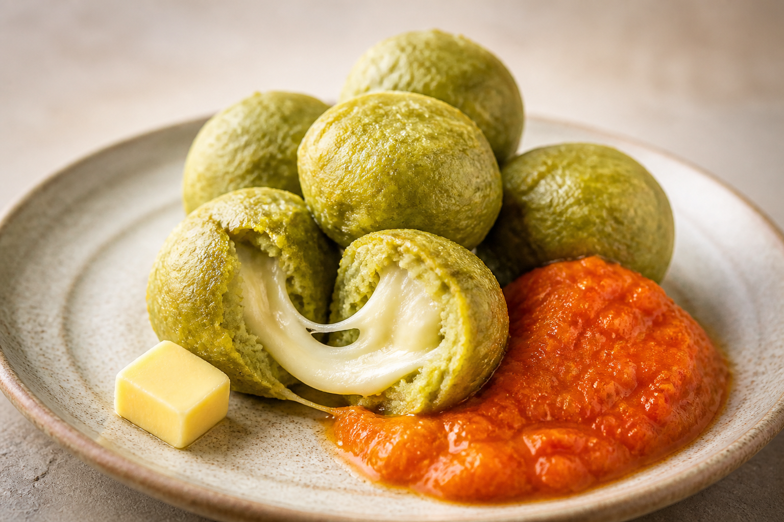 Green Plantain Balls with Smoked Cheese and Tree Tomato Chili