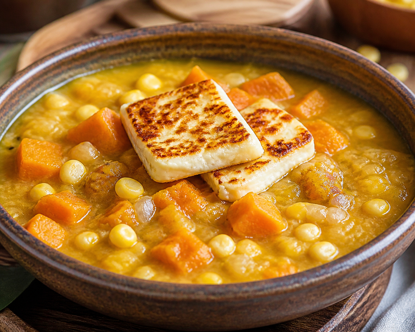 Locro Costeño de Camote y Maíz con Queso Dorado