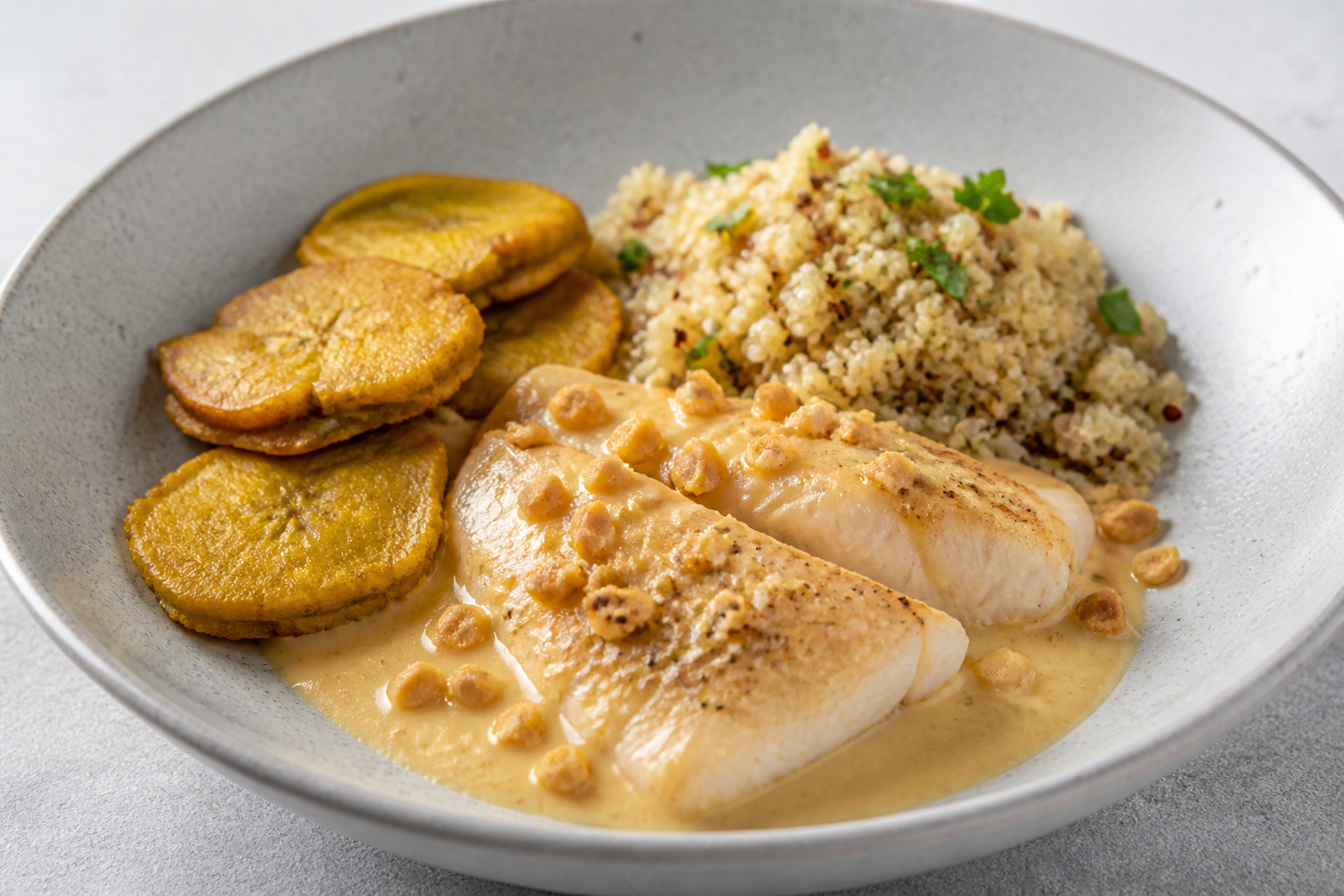 Corvina in Coconut-Peanut Sauce with Toasted Quinoa and Crispy Green Plantain