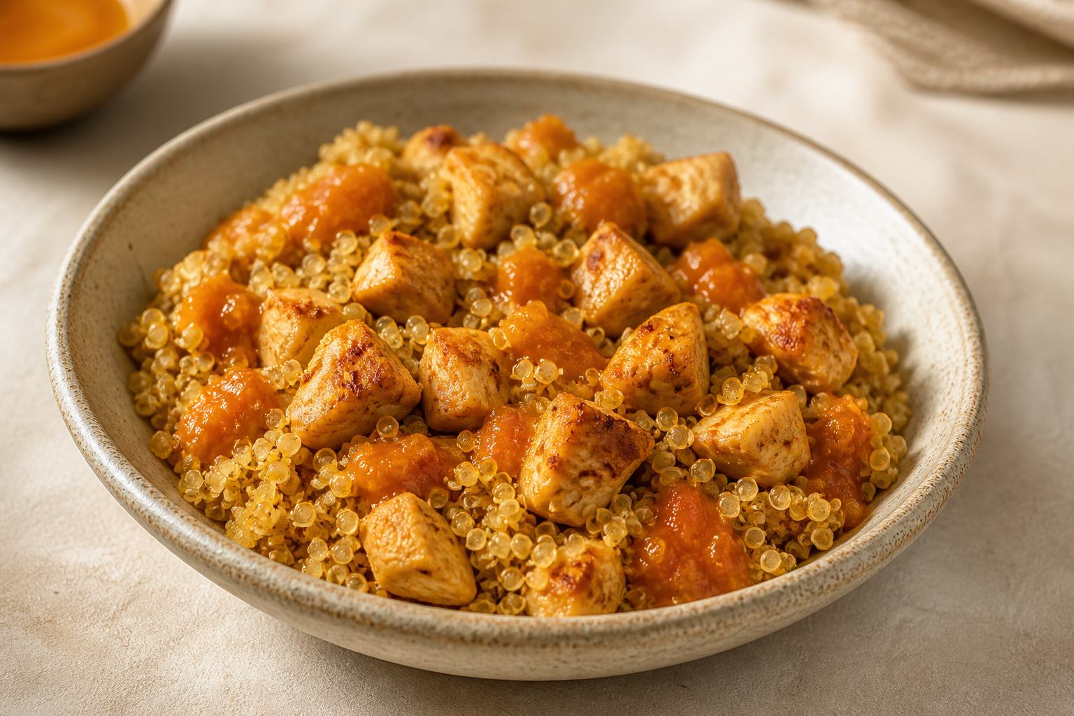 Bowl Tibio Quiteño de Quinua con Pollo al Achiote y Ají de Tomate de Árbol