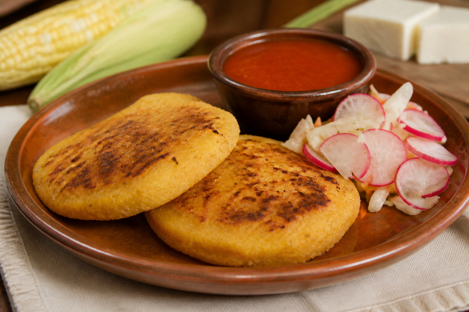 Tortitas Salvadoreñas de Elote y Queso con Curtido de Rábano y Salsa de Tomate Asado