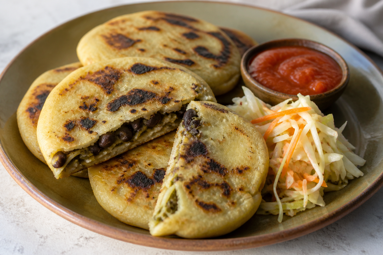 Pupusas de loroco y frijol rojo con curtido cítrico y salsa de tomate asado