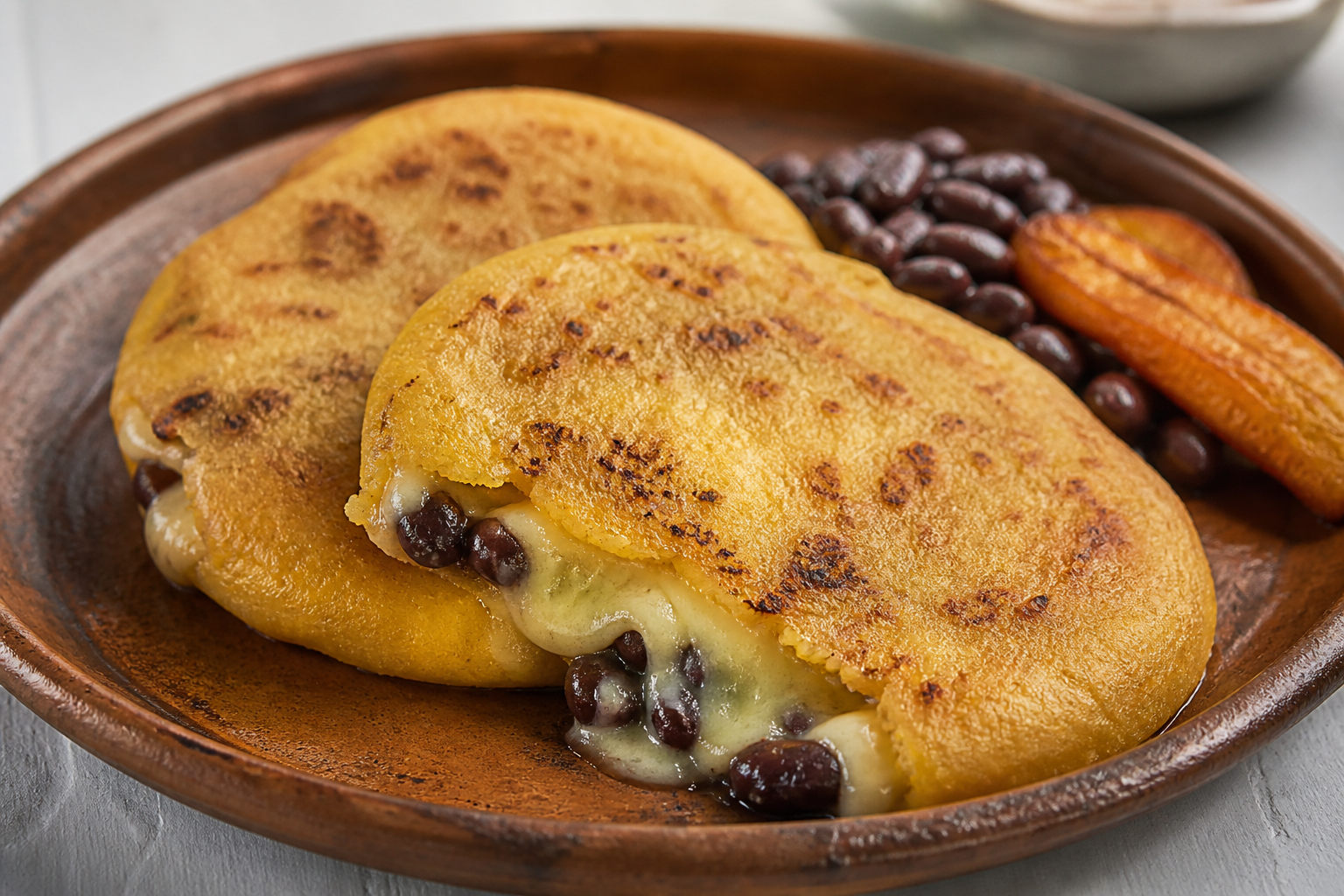 Sweet Plantain Pupusas with Black Beans and Golden Quesillo