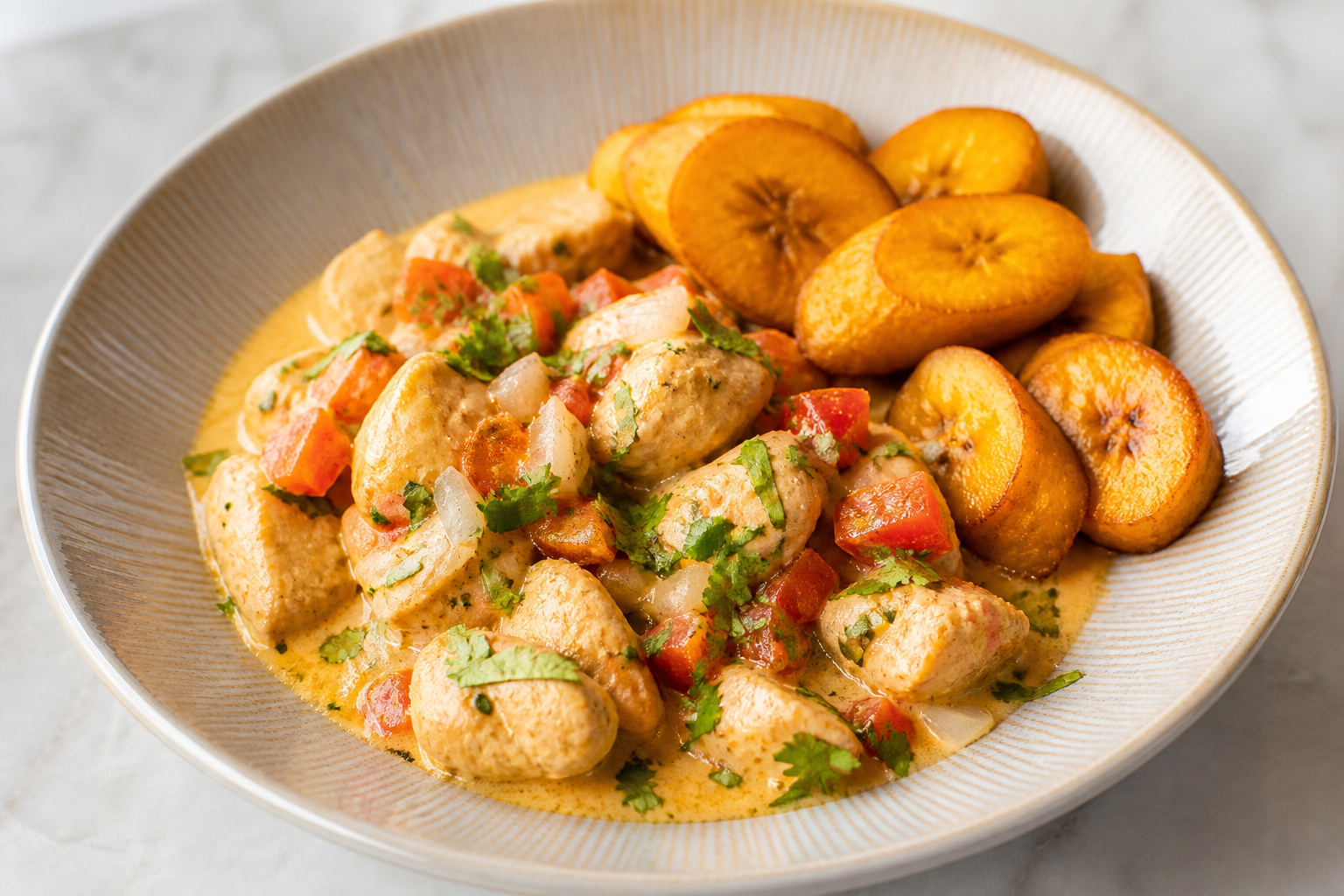 Pollo Catracho Cremoso con Plátano Dorado y Culantro