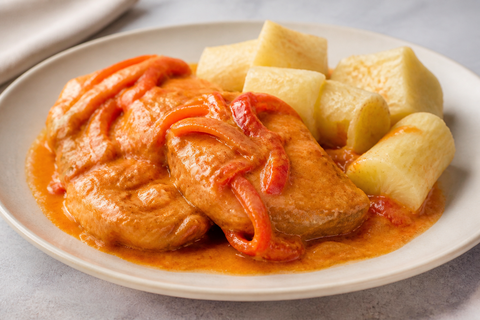 Chuletas Catrachas en Salsa de Coco y Chile Dulce con Yuca Asada