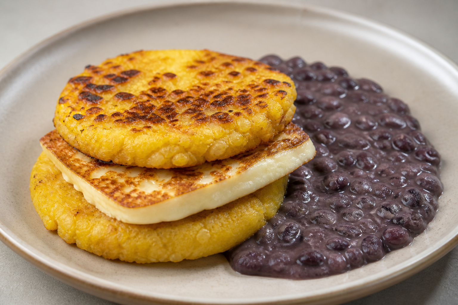 Mini Sweet Corn Cachapas with Creamy Black Beans and Seared Cheese
